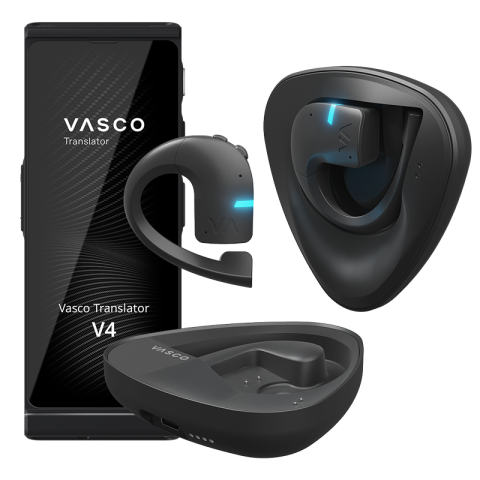 Translator V4 device is shown alongside a wireless black translation earpiece, its charging case, and a triangular charging dock. Blue indicator lights are visible on the earpiece. 