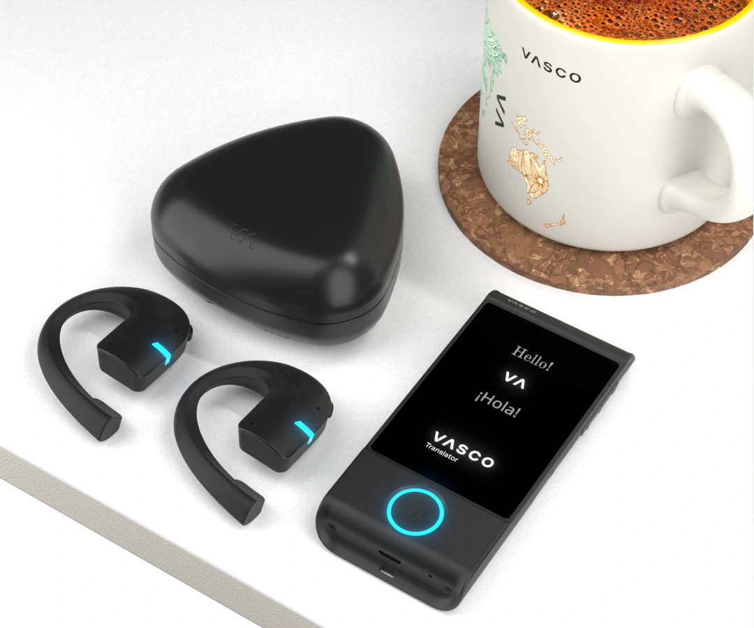 Vasco Translator E1 earbuds in their charging case, displayed alongside a sleek black Vasco Translator M4 on a white table.