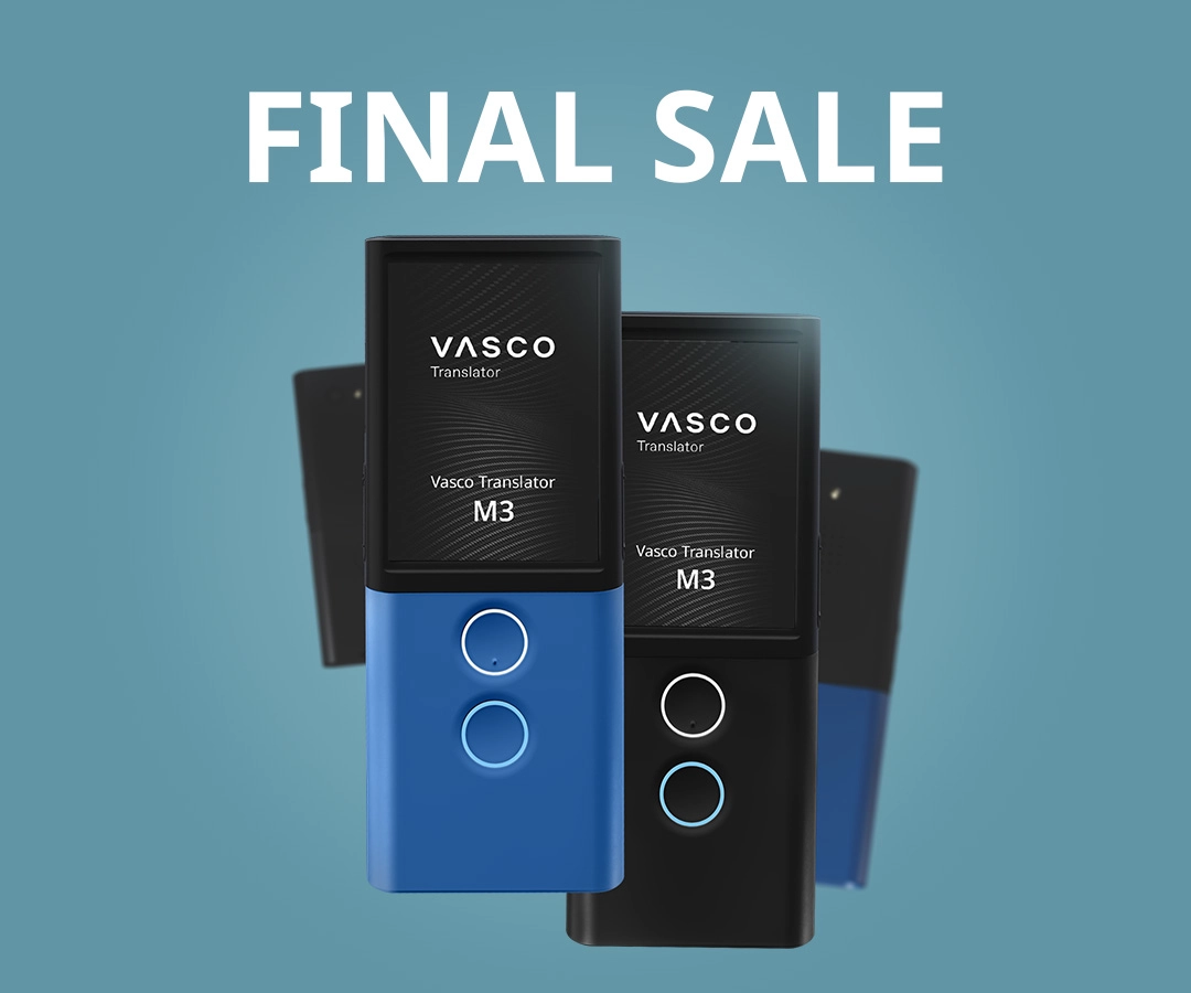 Promotional image of Vasco Translator M3 devices in blue and black on a blue background with the words ‘FINAL SALE’