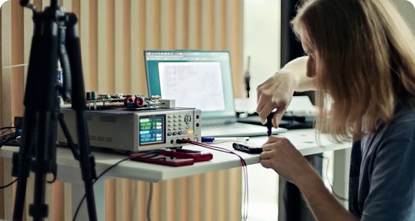 A person with long blonde hair is focused on repairing or assembling a small electronic device at a white laboratory desk. They are using a precision tool on a component while seated next to a digital laboratory power supply with a glowing blue display. In the background, an open laptop shows technical diagrams or code, and a camera tripod is visible in the foreground on the left. The setting is a brightly lit workspace with modern, slatted wooden wall panels.